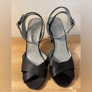 BCBG y2k black satin peeptoe ankle strap heels 7.5